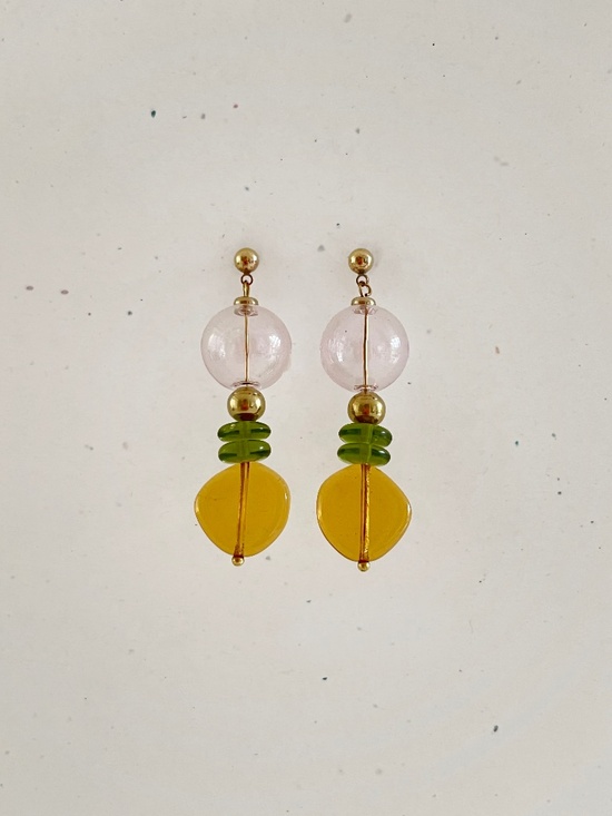 Jewelry - Handmade Boho Amber, Green & Blush Pink Glass Bubble Statement Earrings.